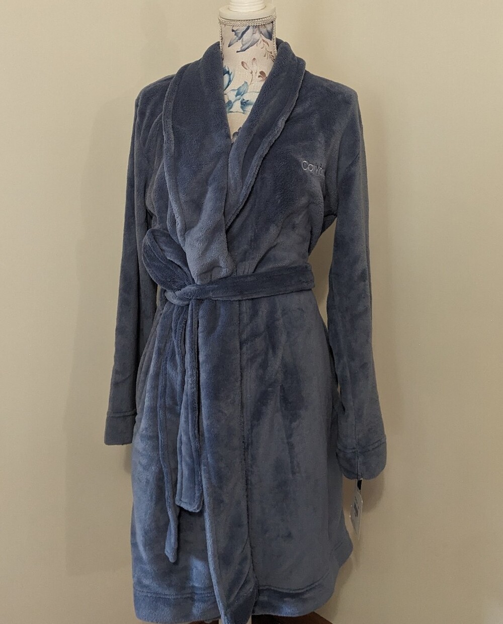 Calvin Klein Plush Shawl Collar Robe - Slate Blue